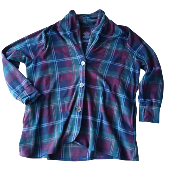 Cuddl Duds Sweaters - Cuddl Duds Women's Size XL Purple And Green Fleecewear Plaid Cardigan